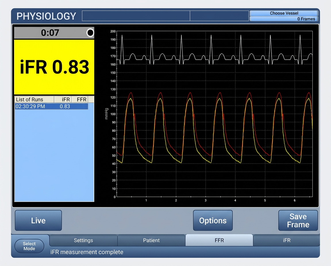 A catheterisation laboratory physiology console showing an aortic and distal coronary pressure tracing with a completed iFR measurement of 0.83